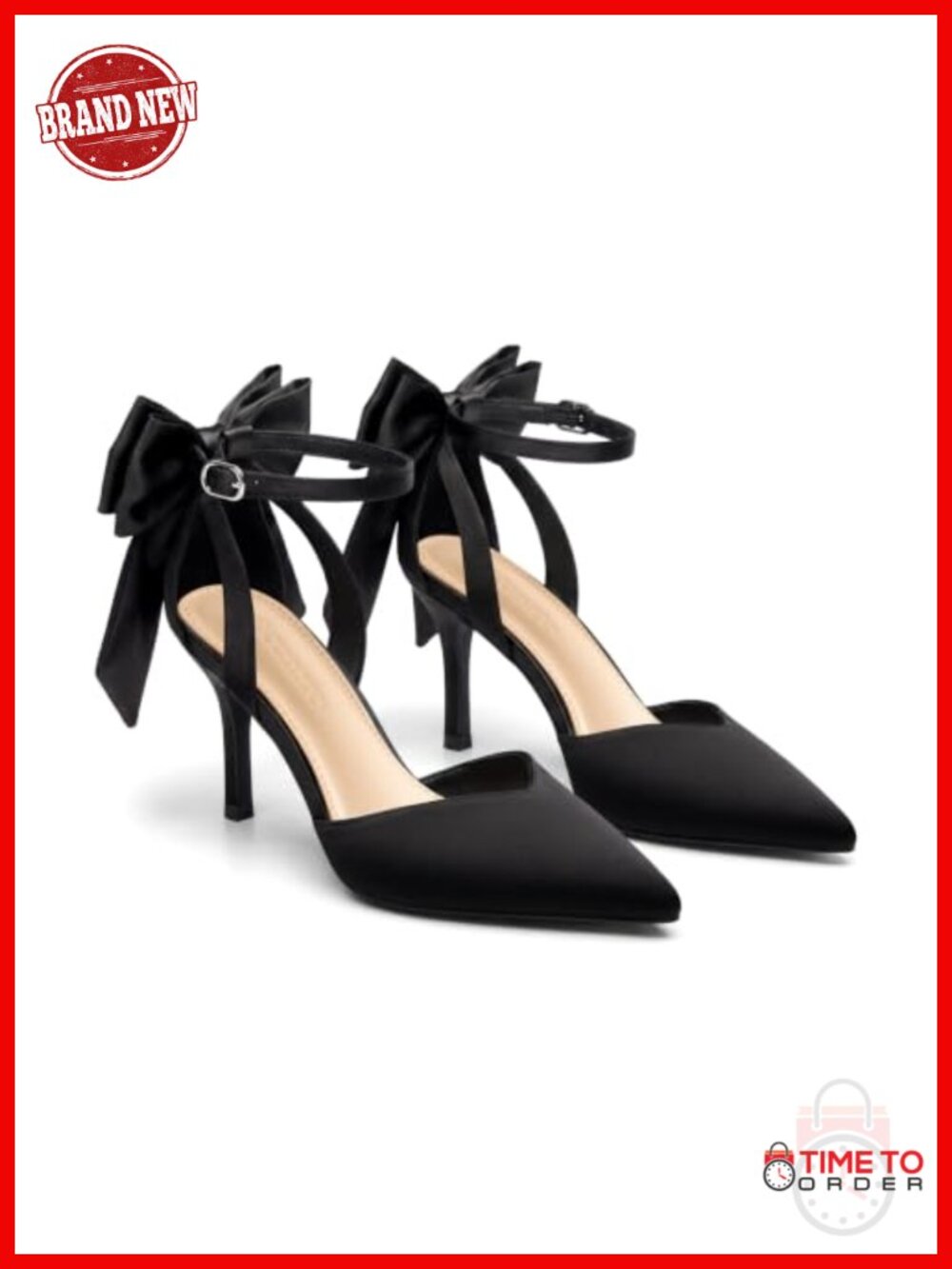 Kitten Heels Closed Pointed Toe Pumps Bow Ankle Strap Satin Dress Shoes